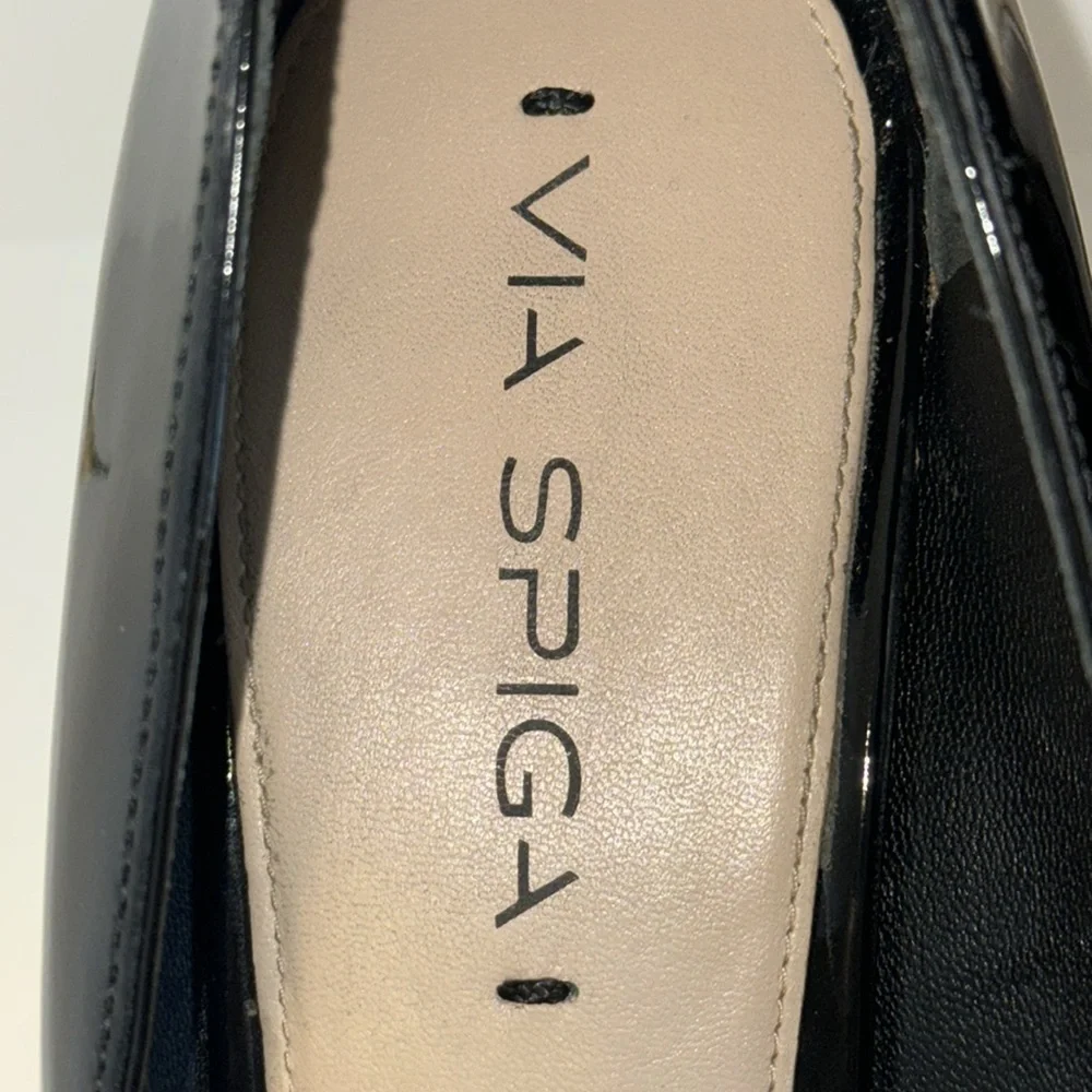 Via Spiga Black Patent Leather & Cork Platform Wedges Peep Toe Women’s 8
